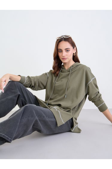 Khaki Oversized Longline Hoodie