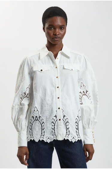 Cotton Cutwork Balloon Sleeve Woven Shirt
