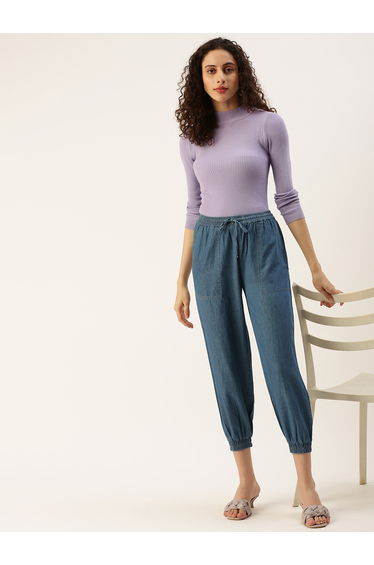 Blue Woven Cotton Denim Joggers