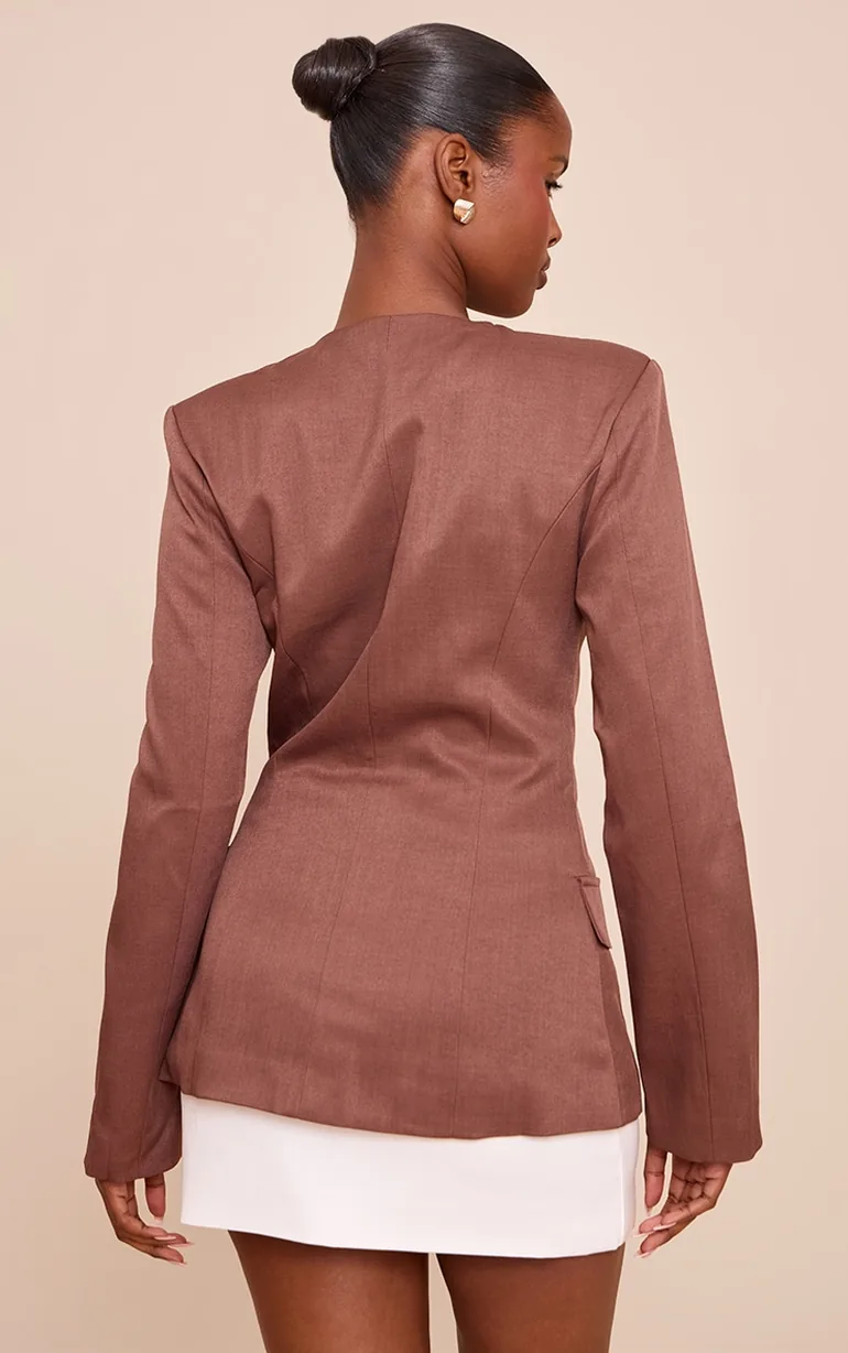 Brown Collarless Cinched Waist Boxy Blazer - 2