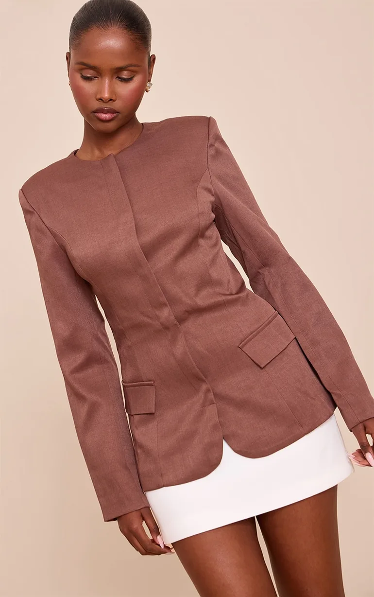Brown Collarless Cinched Waist Boxy Blazer
