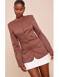 Brown Collarless Cinched Waist Boxy Blazer