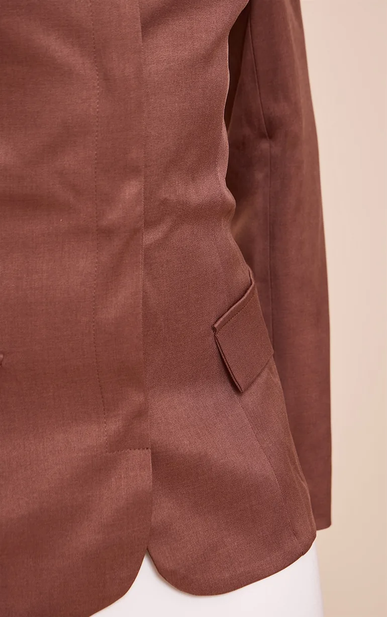 Brown Collarless Cinched Waist Boxy Blazer - 3