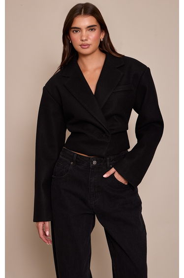 Black Cropped Wool Look Cinch Blazer
