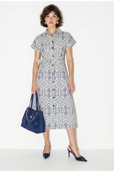LUCCI Belted Geometric Cotton Midi Shirt Dress