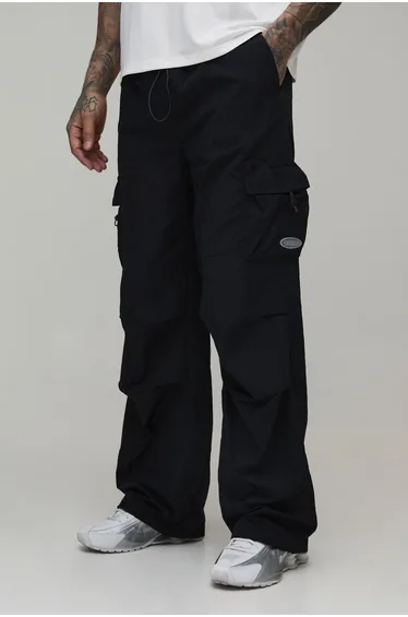 Tall Baggy Fit Cargo Utility Track Pants - black