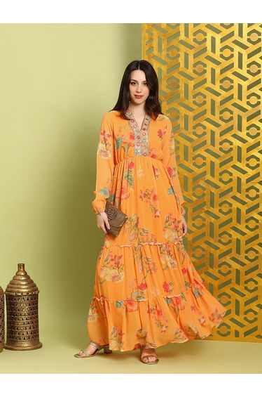 Women Orange Embroidered Bishop Sleeves Maxi Dress