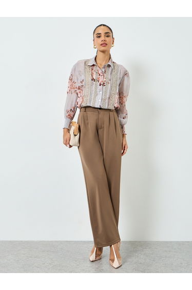 Floral Print Lace Trim Long Sleeve Shirt