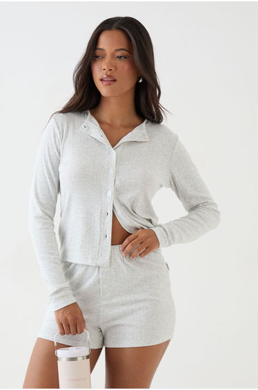 DSGN Studio Pointelle Button Through Long Sleeve Top - ash grey