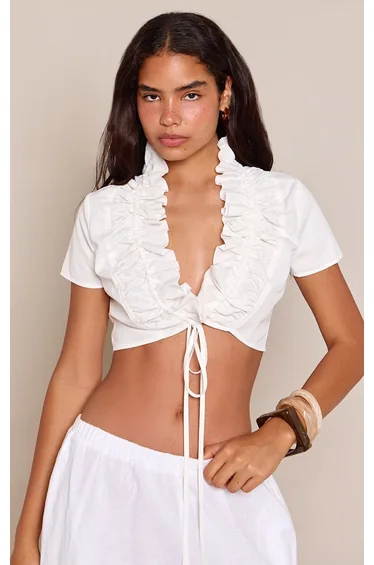 White Ruffle Detail Cropped Tie Front Shirt