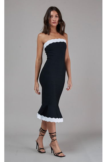 Wavy Trim Fishtail Bandage Midi Dress