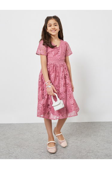 Girls Pink Lace A-Line Knee-Length Dress