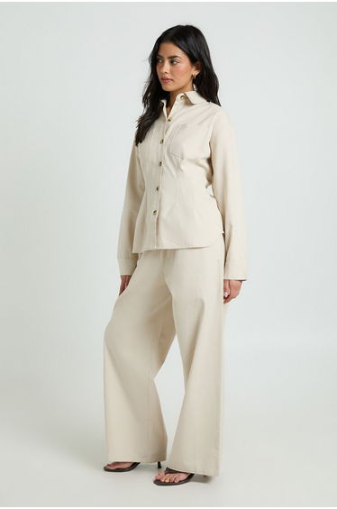 Chambray Drawcord Wide Leg Trousers - ecru