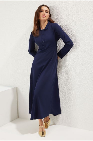 Navy Blue Polo Neck Knitted Crepe Dress