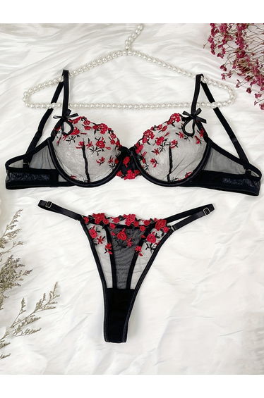 Floral Embroidered Mesh Non Padded Wired Bra and Thong Lingerie Set