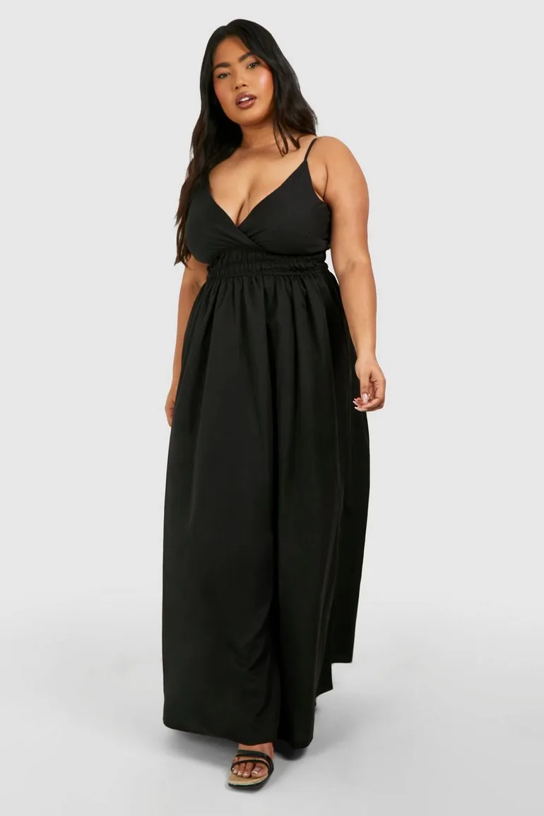 Shop Plus Woven Shirred Waist Maxi Dress - black Online in Oman