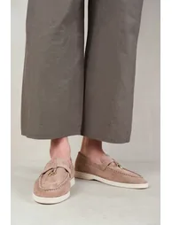 Charming Slip On Suede Loafers Metal Trim Tassel in Khaki - 1