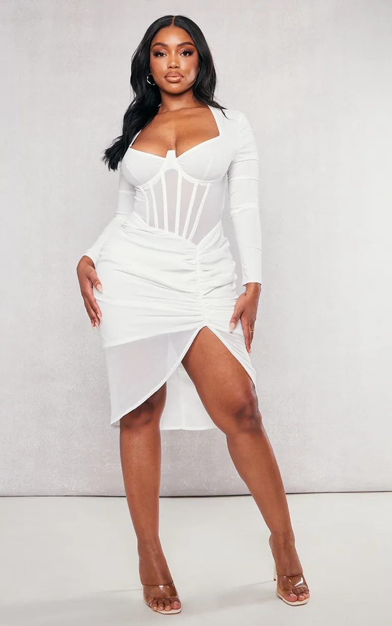 white christmas dresses Cream Mesh Ruched Sleeveless Midi Dress