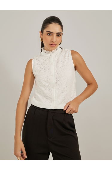 Schiffli Ruffled Neck Sleeveless Top