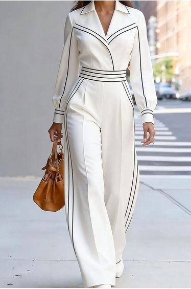 High Waisted Long Sleeves Contrast Color Pleated Pockets Notched Collar Jumpsuits