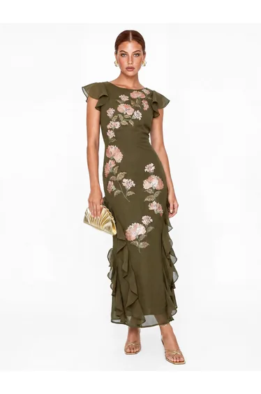 Maya Deep Olive Floral Embroidery V-Back Ruffle Midaxi Dress