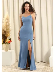 Spaghetti Strap Sweetheart Neck Sheath Stretch Crepe Long Bridesmaid Dress