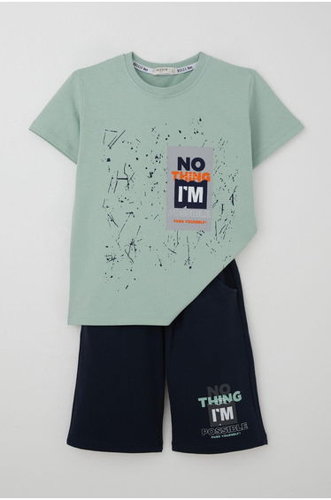 Boys' Shorts Set with Spray Paint Pattern and Text Print, Mint Green (Ages 5-10)