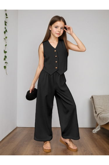 Girls Black Buttoned Waistcoat and Trousers Set
