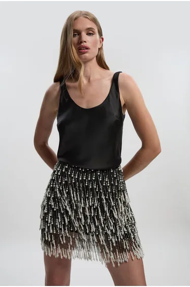 Pearl Tassel Embellished Woven Mini Skirt