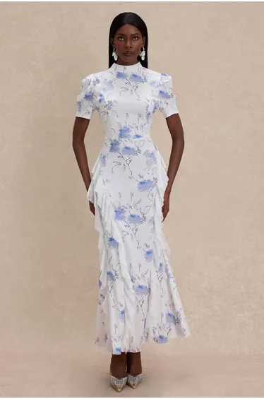 Floral Ruffle Stand Collar Maxi Dress