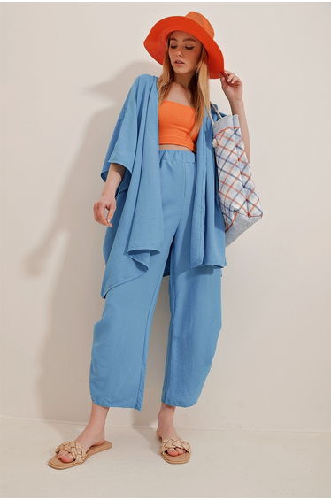 Women's Aviator Blue Trousers And Jacket Double Suit With Slit Legs, Textured