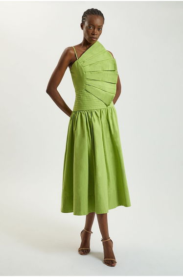 Cotton Poplin 3D Pleat Detail Woven Midi Dress