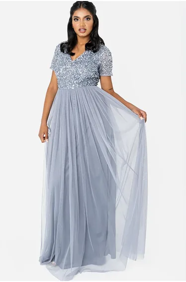 Maya Dusty Blue V Neckline Embellished Maxi Dress