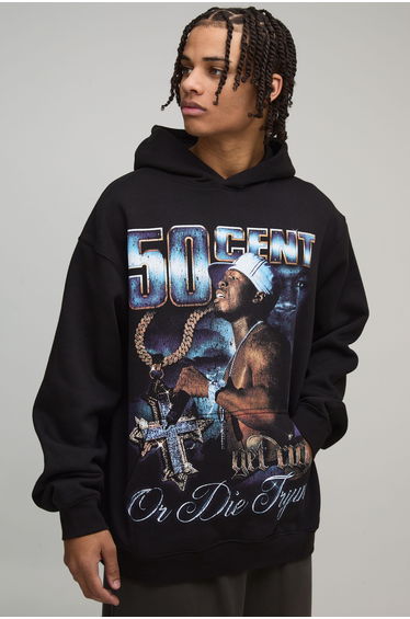 Oversized 50 Cent License Printed Hoodie - black