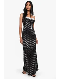 Polka Dot Ruched Bust Column Maxi Dress - black