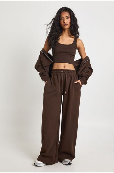 Deep Hem Crop Top 3 Piece Hooded Tracksuit - chocolate