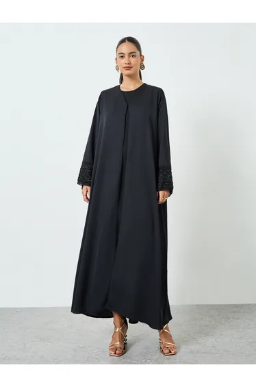 Black Embroidered Mesh Sleeve Cuff Open Front Abaya