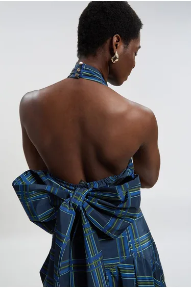 Check Taffeta Cross Front Halter Neck Top With Bow Detail