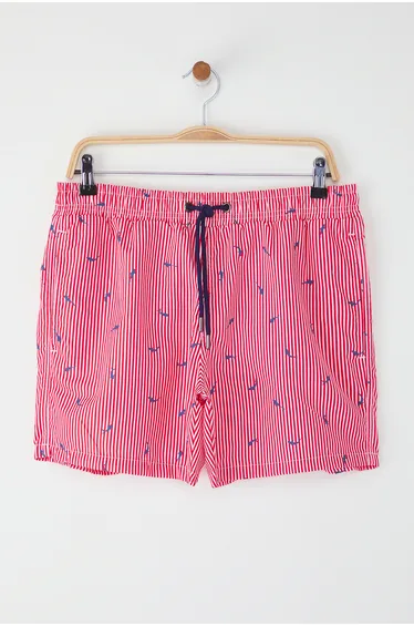 Red Standard Size Striped Fish Pattern Swimsuit Swim Shorts