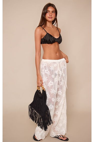 White Sheer Floral Detail Drawstring Wide Leg Trousers