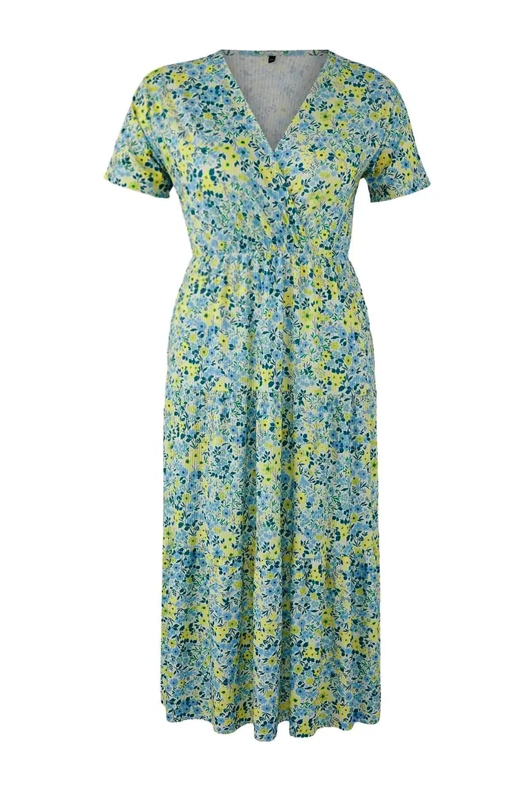 Yellow Floral Printed Double Breasted Stretchy Skater/Waist Drop Midi Knit Dress - 2