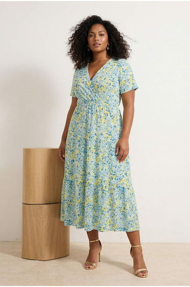 Yellow Floral Printed Double Breasted Stretchy Skater/Waist Drop Midi Knit Dress