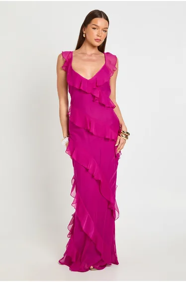 Chiffon Ruffle Detail Backless Maxi Dress - hot pink