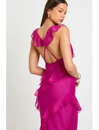 Chiffon Ruffle Detail Backless Maxi Dress - hot pink - 3