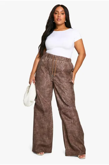 بنطلون جلد صناعي فضفاض - للمقاسات الكبيرة