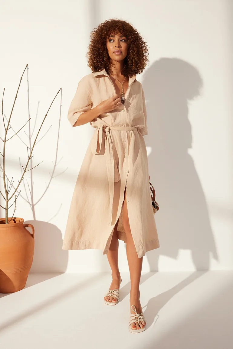 Shop Beige 100% Linen Maxi Shirt Dress Online in Oman Shop Beige 100% Linen Maxi Shirt Dress Online in Oman