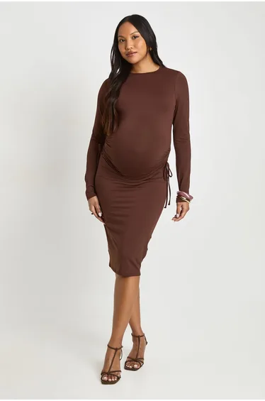 Maternity Ruched Side Midi Dress - chocolate