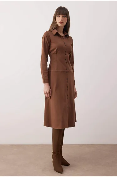 Brown button detailed midi woven shirt dress