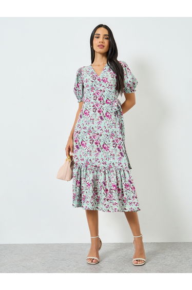 Green Floral Print Ruffled Hem Midi Dress