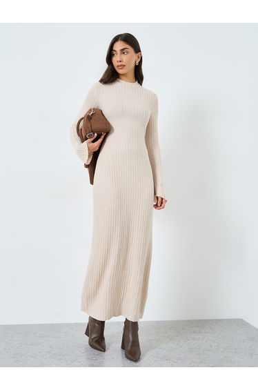 Beige Textured Knit Maxi Dress